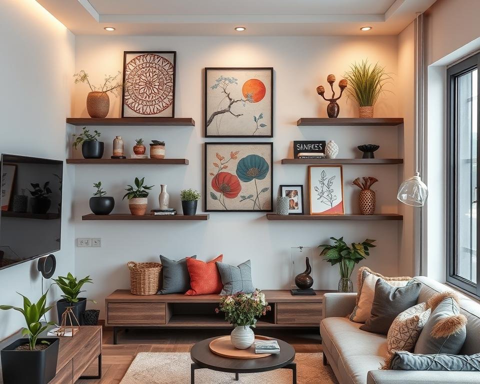 imagem de quadros decorativos em prateleiras