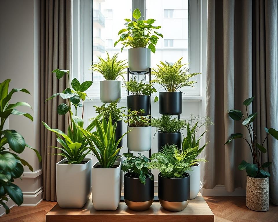 vasos e plantas organizados verticalmente