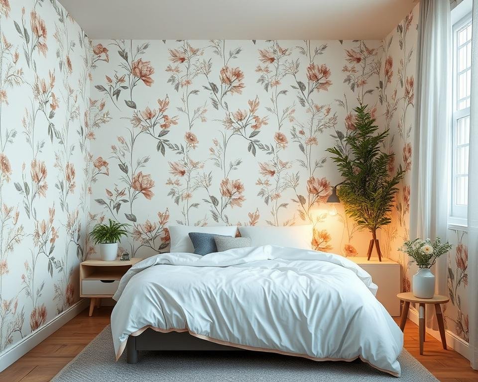 Papel de parede com estampas naturais para quarto pequeno