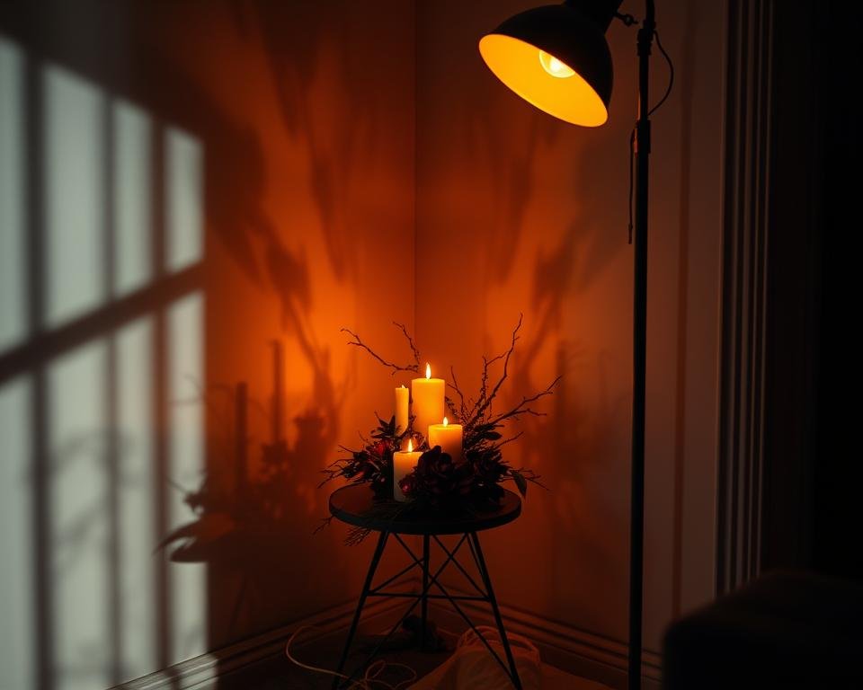 Iluminação criativa para halloween em espaço pequeno