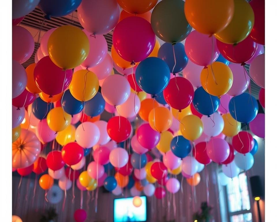 Balões suspensos em decoração de festa